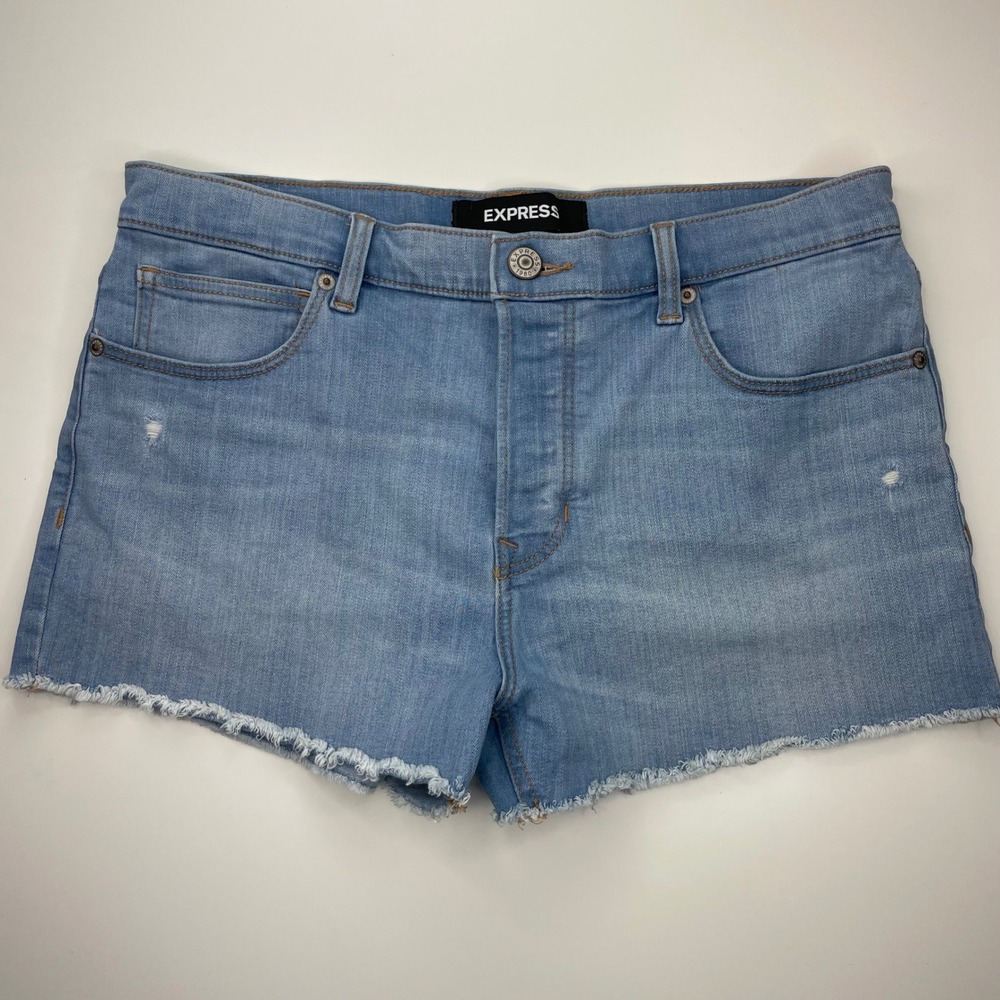 Express Stretch+ Performance Shortie Vintage Mid Rise Denim Shorts Light‎ Wash 8